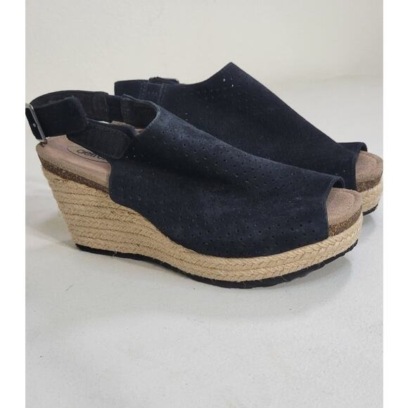 Aetrex Sandals Womens Size 6-6.5 Black Leather Open Toe Espadrille 3in Heal NWOT - Picture 1 of 10